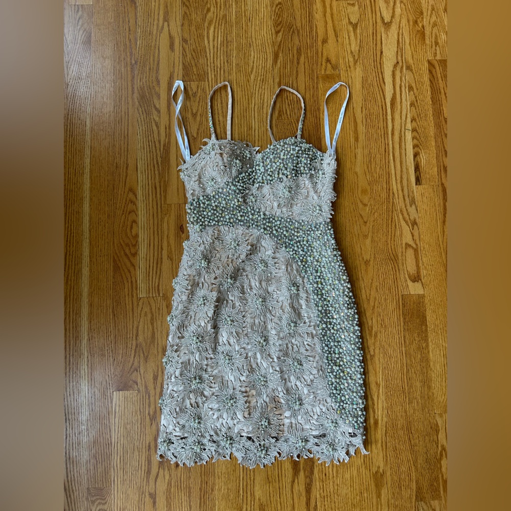 Pearl-Embellished Ivory Party Dress with Spaghetti Straps